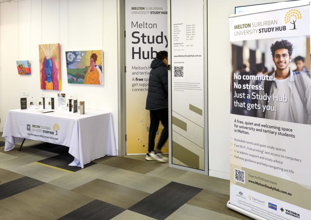 Entrance to the Melton Suburban University Study Hub featuring banners and information stands promoting student support.