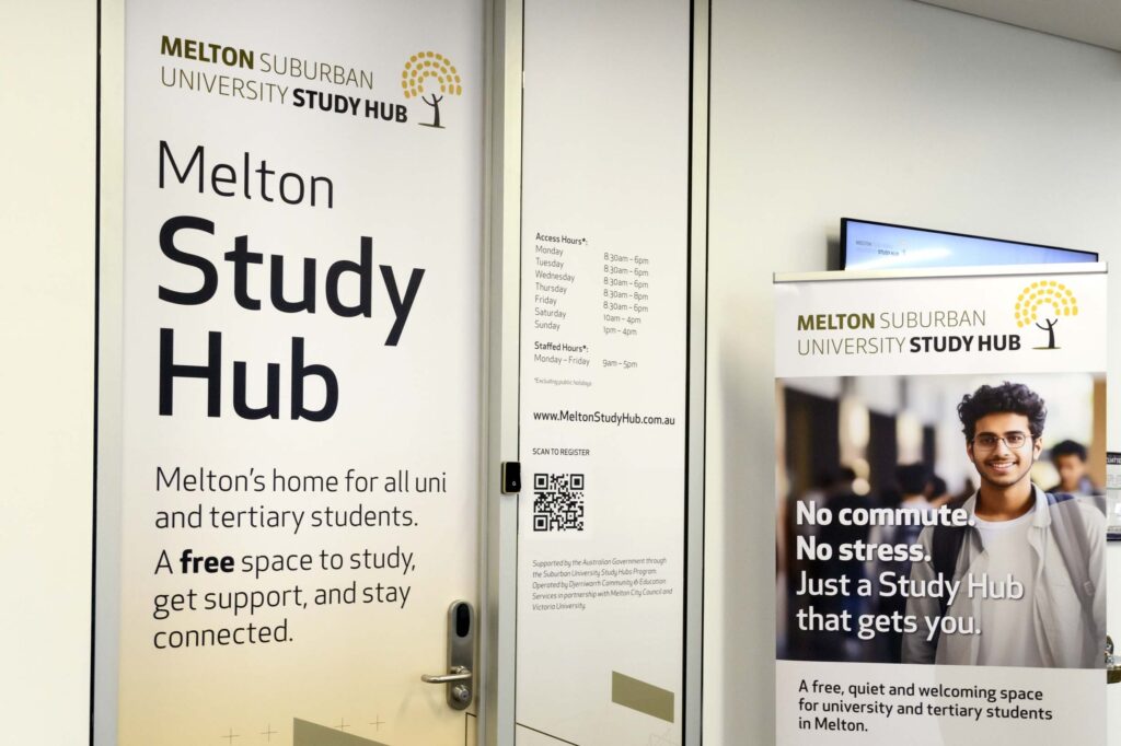 Melton Suburban University Study Hub signage displaying operating hours and QR code for student registration.